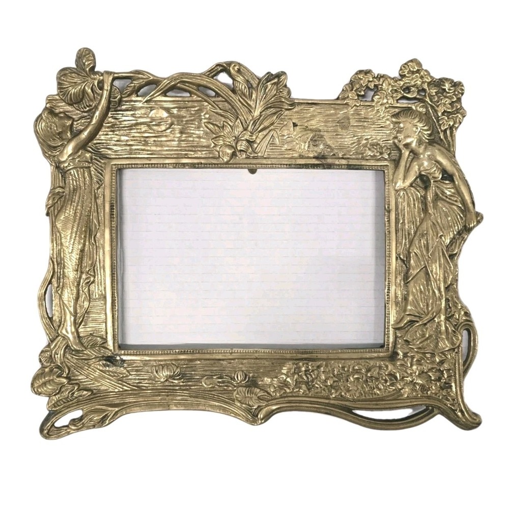ANTIQUE ORIGINAL LARGE PICTURE FRAME MIRROR ART NEOVEAU GOLD LEAF OVER CAST IRON